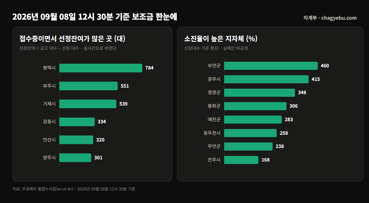 접수중이면서 선정잔여가 많은 지자체 막대그래프 — 평택시 784대, 파주시 551대, 거제시 539대 순. 오른쪽은 소진율이 높은 지자체로 부안군 460%, 광주시 415%, 영광군 348% 순