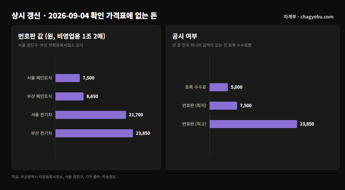 신차 부대비용 — 등록 수수료 5,000원, 번호판 7,500원부터 23,850원까지, 탁송료와 채권은 미공시