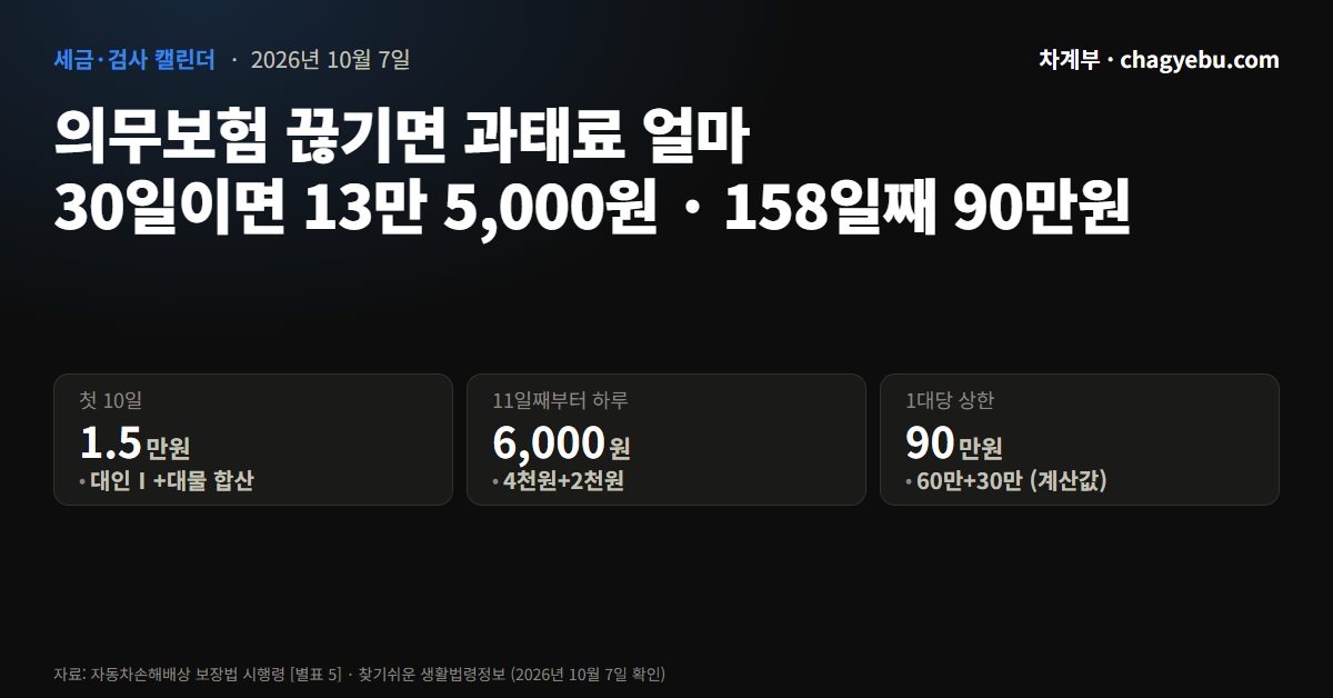 의무보험 미가입 과태료 인포그래픽 — 비사업용 차 기준 첫 10일 1만 5천원, 11일째부터 하루 6천원씩, 30일이면 13만 5천원, 158일째 상한 90만원(계산값)
